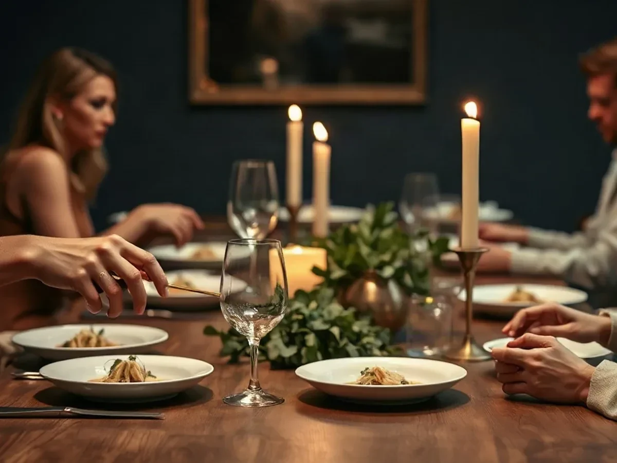 Adult diners sharing plates in warm candlelight at an oak table.