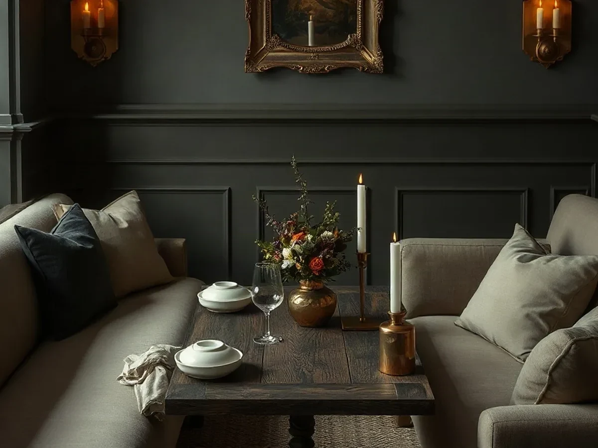 A softly lit corner with smoked oak, muted seating and brass details.