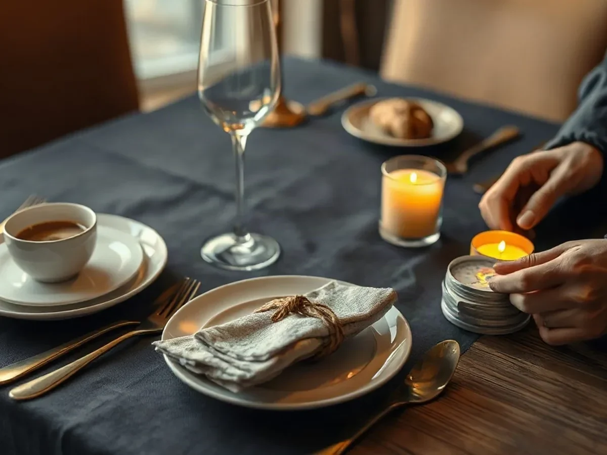 Ivory crockery, folded linen, brass cutlery and a few cards on smoked oak.