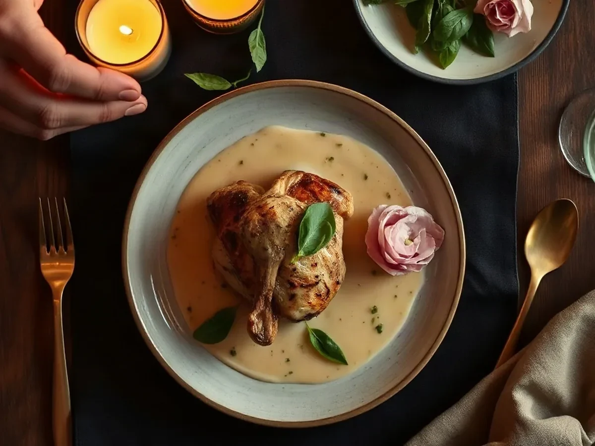 Roast chicken, morels, spring greens and light cream jus on ivory stoneware.