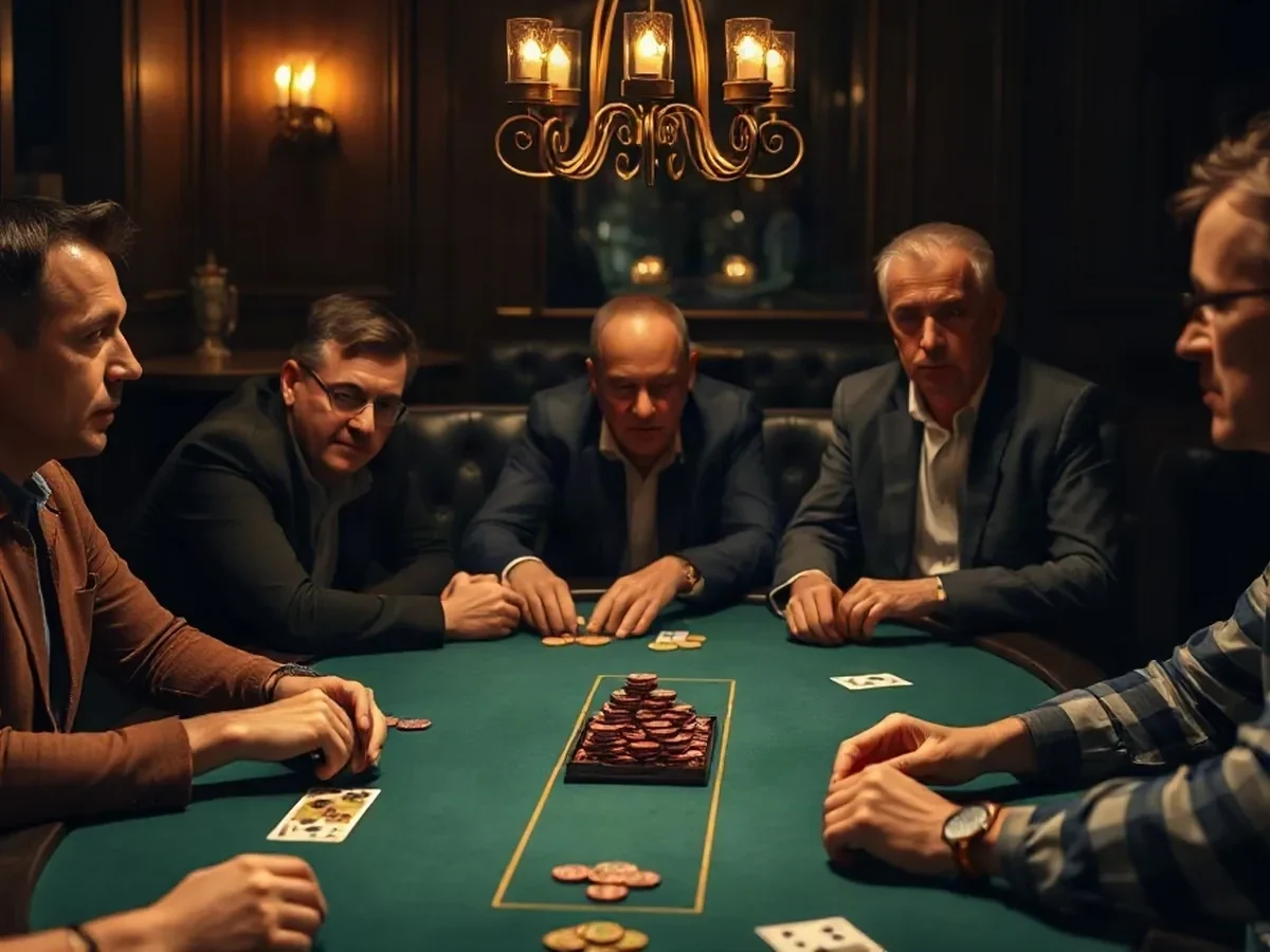 Adult poker players gathered around green felt in warm low light.