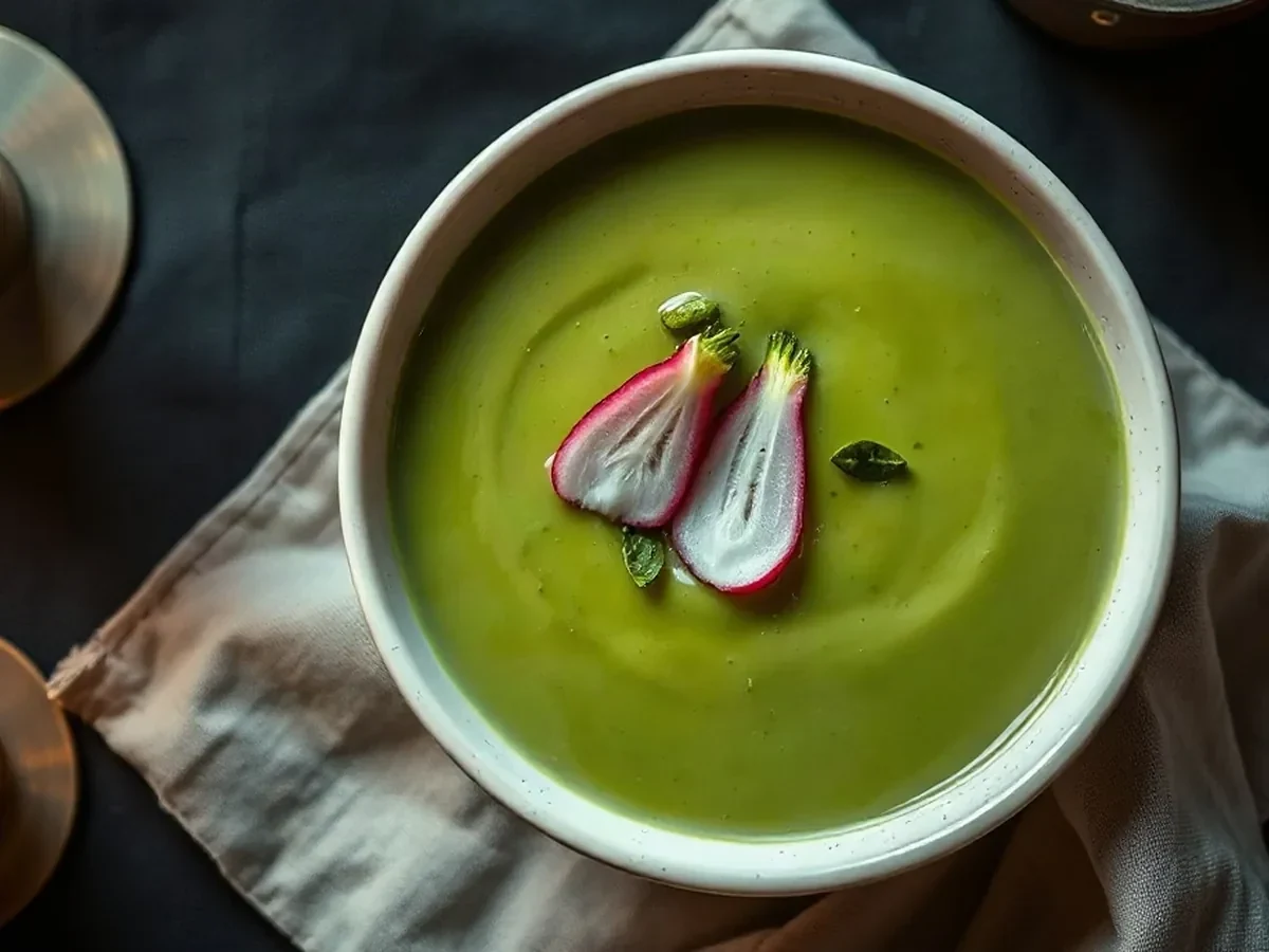 Green pea and tarragon velouté topped with crisp radish in ivory stoneware.