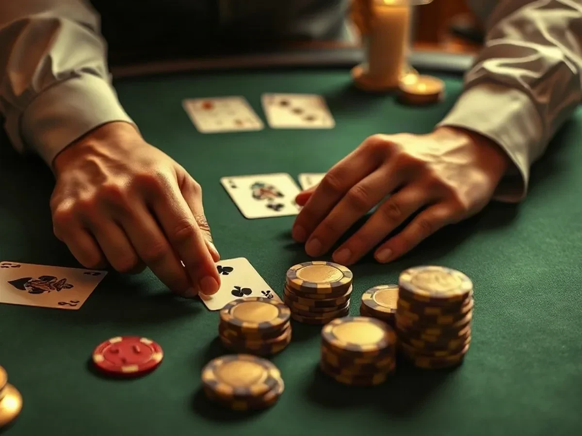 Cards and standard casino chips on green felt beside the dealer’s hands.