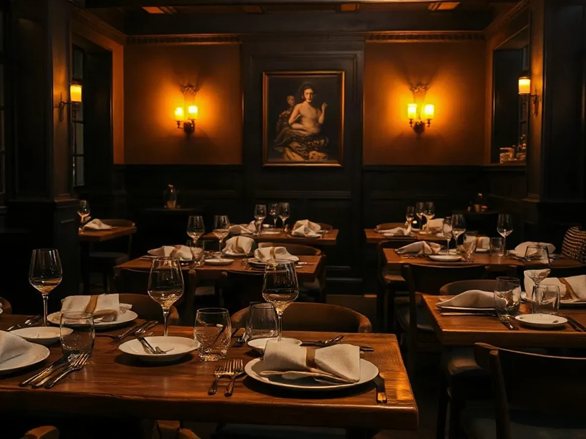 Smoked oak tables, ivory stoneware and brass in low amber light.